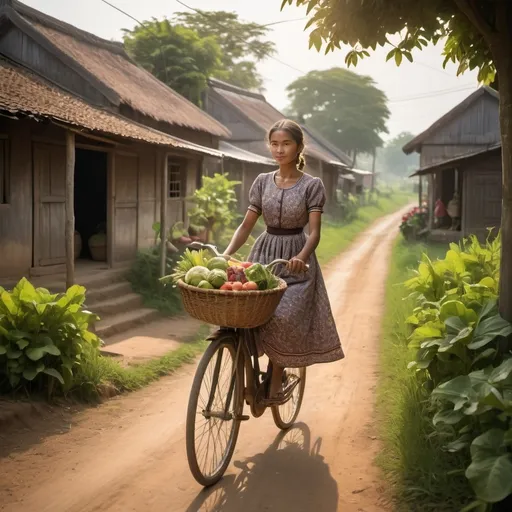 Prompt: "A village girl rides an old-fashioned bicycle on a narrow dirt path, surrounded by lush green fields and traditional wooden houses. She wears a simple floral dress, her hair tied in a neat braid, and a woven basket hangs from the handlebars filled with fresh produce. The early morning sun casts a warm glow, and a peaceful countryside atmosphere fills the scene as she heads towards the local market."