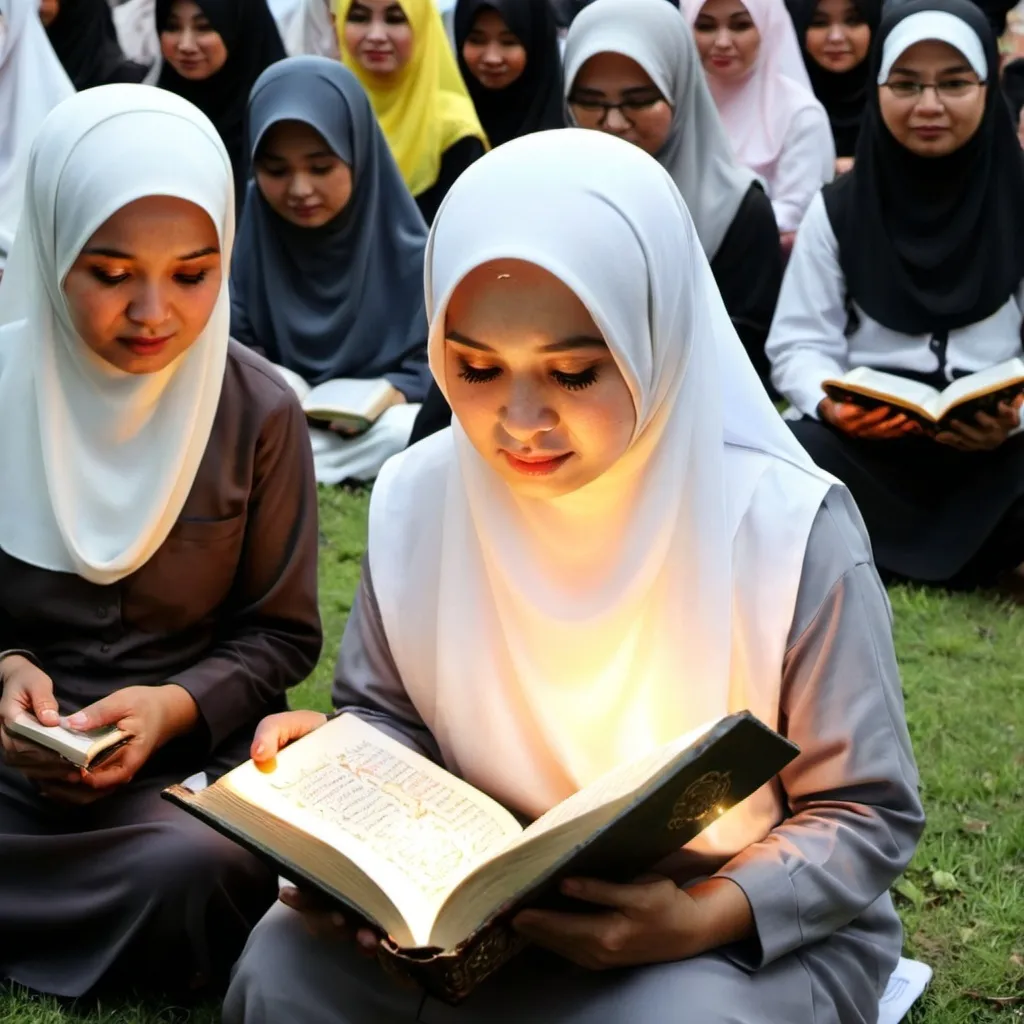 Prompt: seorang gadis desa sedang membaca Al Qur'an hanya diterangi lampu dari obor
