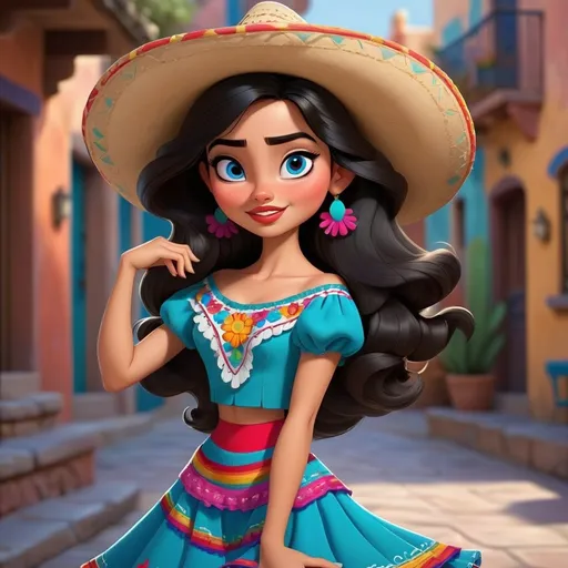 Prompt: Disney style cartoon you can see her entirely from head to toe, with dark hair, blue eyes, she is a sixteen year old  girl genius dressed head to toe like a mexican girl doing the cha cha