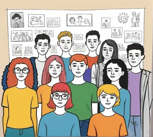 Prompt: Can you draw a picture have .In the modern world, young people are often interested in many issues and have diverse views. Technology and Internet, Environmental issues and planetary protection, Equality and rights of the LGBT+ community,  Personal and career development and Culture and entertainment in 1 picture.