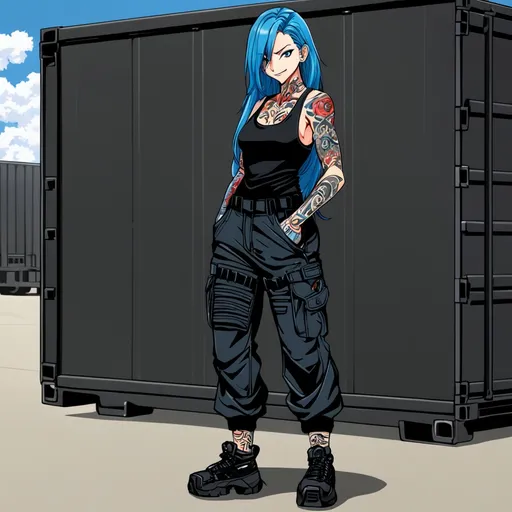 Prompt: anime, girl, detailed, long blue hair, smirking, full body suit of tattoos and neck , very detailed, with black tank top and black cargo pants