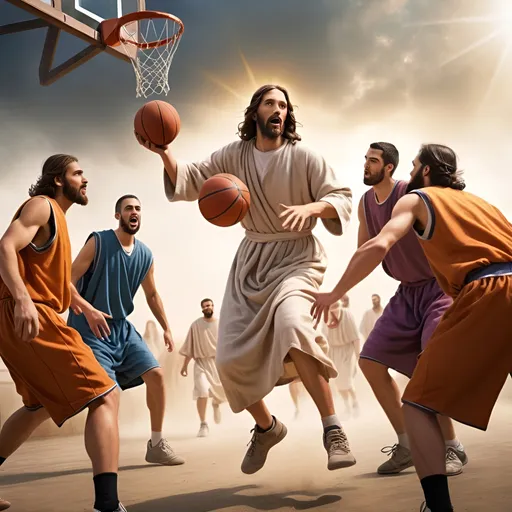 Prompt: Realistic photograph of Jesus Christ  from the bible wearing a robe and playing basketball with disciples, intense game,  detailed facial features, realistic style, biblical scene, disciples playing basketball, vibrant colors, natural lighting, high quality, intense action, religious, detailed background, realistic clothing