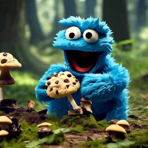 Prompt: Cookie monster eating poison mushrooms 4k Ultra HD.