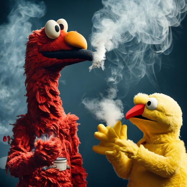 Prompt: Elmo and big bird smoking weed, being high and blowing smoke out of mouth 4k Ultra HD.