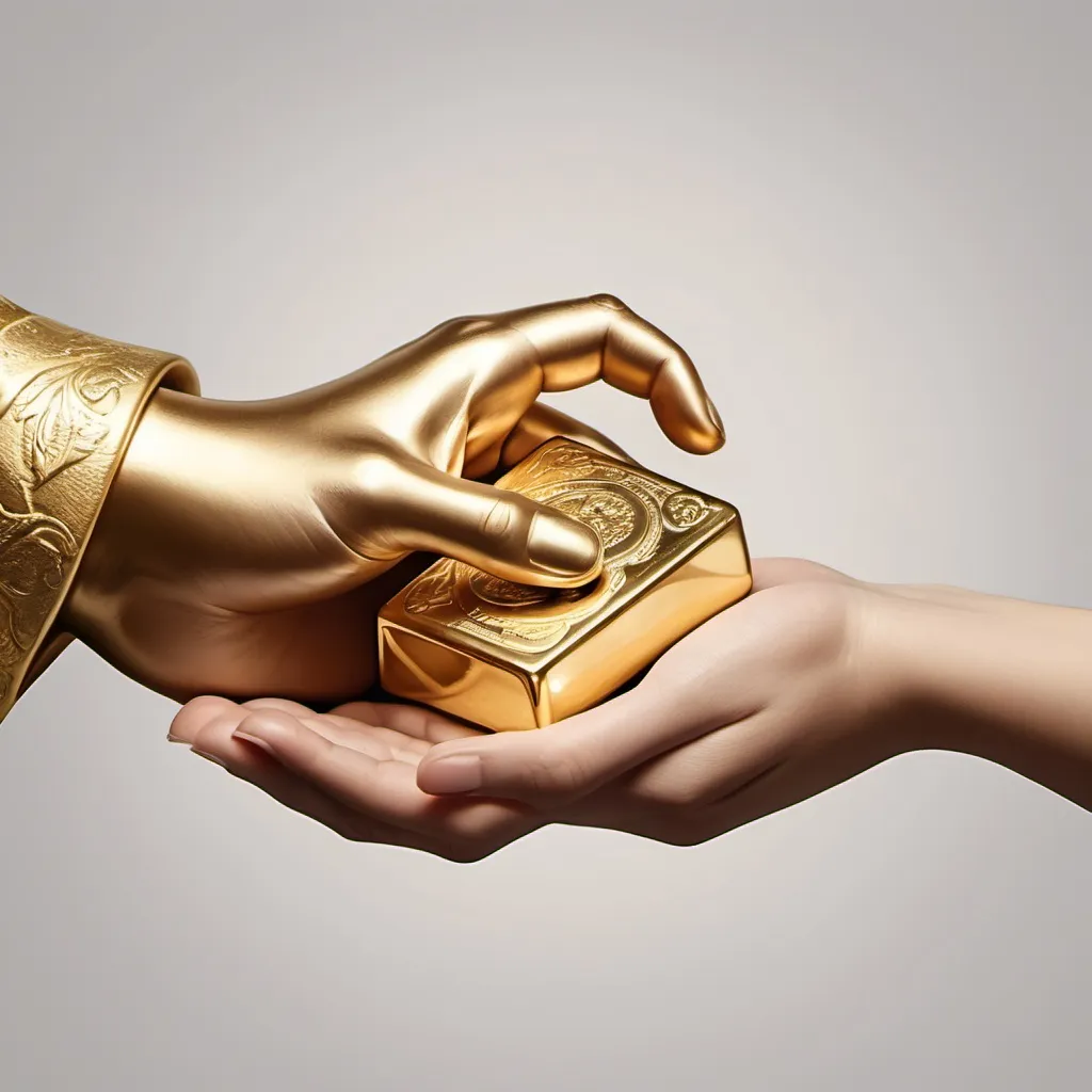 Prompt: create an image where man and woman hand in hand is shown together while holding their gold



