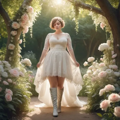 Prompt: a plump bride with short hair, in knee high boots