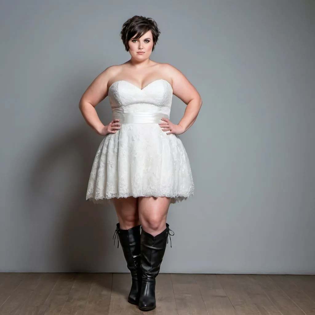 Prompt: a plump bride with short hair, in knee high boots