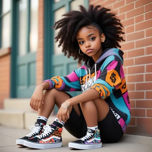 Prompt: beautiful black teen girl wearing unique funky attire, with vans sneakers