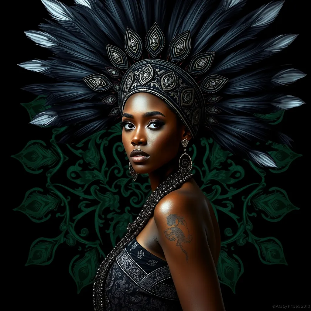 Prompt: a beautiful black  woman standing with a large headdress and a black background with a green, silver and black pattern on it, visual art, highly detailed digital painting, an airbrush painting