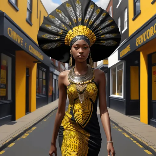 Prompt: Tall young woman walking down the high street, detailed clothing, realistic, natural lighting, {Blend} a woman with a large headdress and a black background with a yellow and black pattern on it, Chinwe Chukwuogo-Roy, visual art, highly detailed digital painting, an airbrush painting