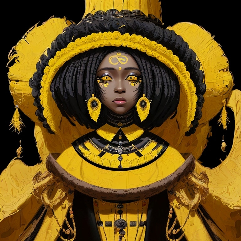 Prompt: a woman with a large headdress and a black background with a yellow and black pattern on it, Chinwe Chukwuogo-Roy, visual art, highly detailed digital painting, an airbrush painting