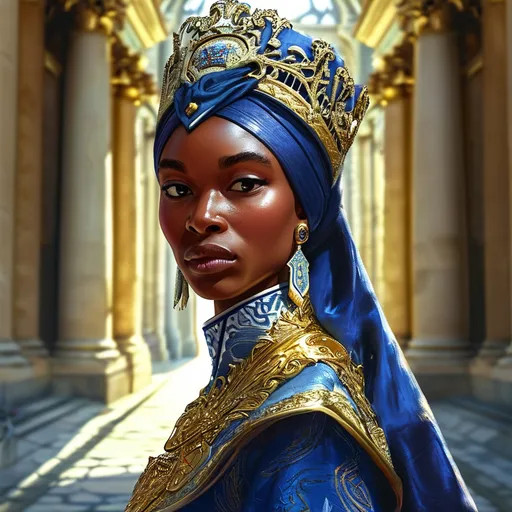 Prompt: Tall young woman walking down the royal castle entryway with tall pillars on each side, detailed clothing, realistic, natural lighting, {Blend} a woman with a large headdress and a regal attire with a  pattern on it, Chinwe Chukwuogo-Roy, visual art, highly detailed digital painting, an airbrush painting