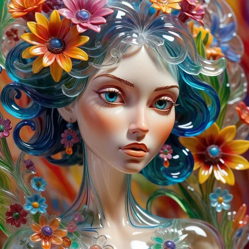 Prompt: A detailed and vibrant transparent glass sculpture of a woman with flowers, intricate details, surreal, colorful background
