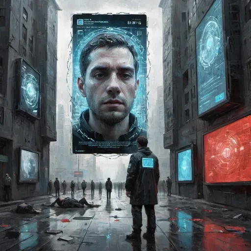 Prompt: A dystopian sci-fi book cover set in a cold-toned futuristic city. The central figure is a man seen from behind, standing alone in front of a towering digital screen. The screen displays his social score, which is dropping rapidly, shown in flashing red numbers — a visual symbol of his fall from grace.

Around him, the city looms with harsh, modern architecture. Surveillance drones fly overhead, while pedestrians in the background blur or turn away, as if the man is socially invisible or untouchable. Neon holograms project QR codes, faces, and system messages into the air.

The man’s face is partially obscured or digitally distorted, suggesting a loss of identity or erasure from the system. Lines of code float above his head, forming patterns that resemble chains, reinforcing the idea of control and imprisonment by the system.

In the foreground, a shattered ID badge or tablet lies on the ground — a symbol of lost access and status.

Color scheme: Cold and industrial — steel gray, blue, black — with sharp accents of red and amber for critical details.

Mood: Isolated, oppressive, high-tech, and emotionally detached — reflecting themes of alienation, control, and late self-awareness.

Typography suggestion: The title font should be modern and tech-inspired, with subtle glitches or pixel fade-outs to reflect digital instability.