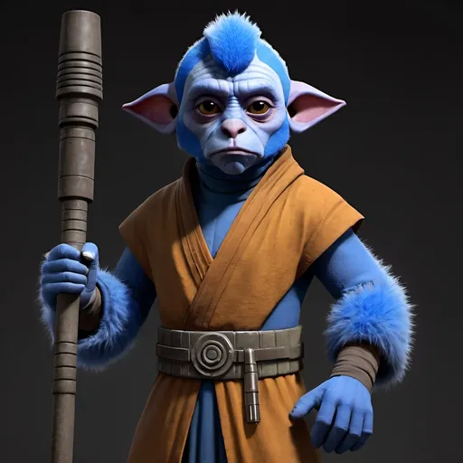 Prompt: A male of the Lasat species in the star wars universe. Like Zeb from star Wars Rebels with blue fur. Make him a monk with a staff


