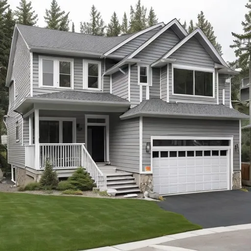 Prompt: A siding home with white aluminum ramps - only one not two in the image - siding of the home should be darker color like a grey black trimmed windows, a beautiful door, landscape front yard - some shake - aluminum cedar siding, a closer shot but not too close of the ramps and the siding of the house should be a dark grey almost black 

