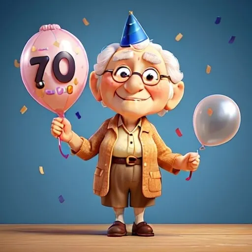 Prompt: An old celebrating person holding a birthdayballon which says 70 years 