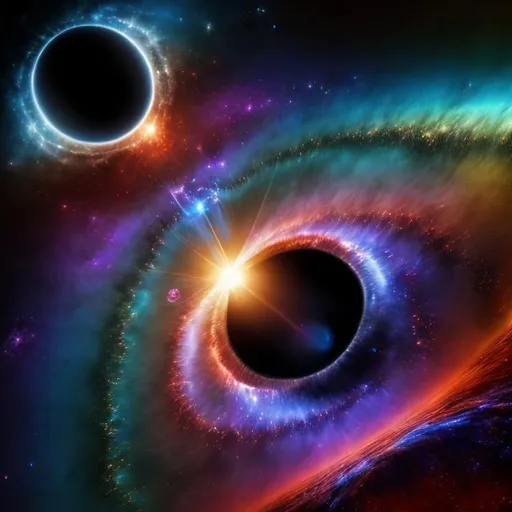 Prompt: Artist depiction of two celestial singularities, interstellar space, blackhole, cosmic, surreal, detailed cosmic clouds, intense gravitational pull, vibrant colors, deep space, celestial beauty, intricate patterns, high-resolution, digital art, cosmic art, surreal, vibrant colors, celestial lighting, 8K, UHD, crisp image quality, beautiful space photo, 

