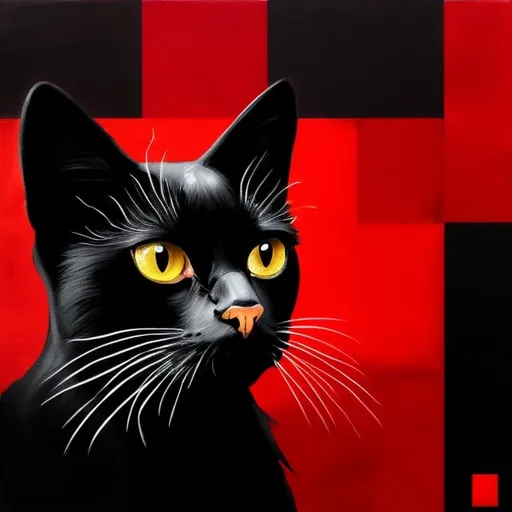 Prompt: artistic painting of a black cat's head, dark red background, black and white squares, serious art, grim colors, stark, high quality, 8K