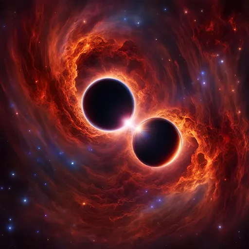 Prompt: Artist depiction of two celestial singularities, interstellar space, blackhole, cosmic, surreal, detailed cosmic clouds, intense gravitational pull, vibrant colors, deep space, celestial beauty, intricate patterns, high-resolution, digital art, cosmic art, surreal, vibrant colors, celestial lighting, 8K, UHD, crisp image quality, beautiful space photo, 

