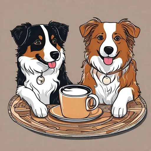 Prompt: Coffee mugs and dogs, happy, surrealism, coffee dogs, whimsical, cute dogs, thin line art, Australian Shepherd, flat color illustration, high quality, 