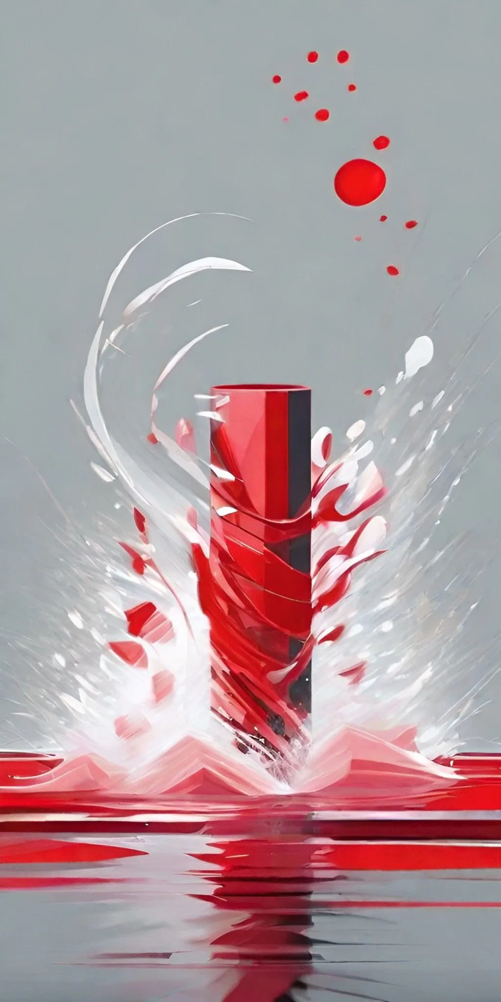 Prompt: minimalist digital art, living in love, chrome finish, red accent, water, high quality, low poly, rushing motion, trying