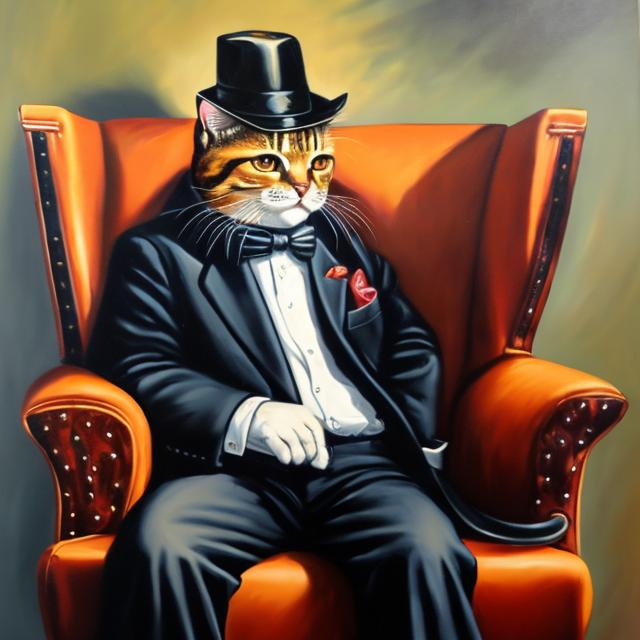 Prompt: Serious oil painting of a cat sitting in a chair, 1950’s luxury, hat and cigar, smoky, art, detailed cat, mob boss, 