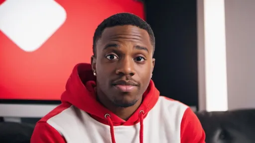 Prompt: “Create an image of a charismatic Black man wearing a white and red hoodie. He is a YouTuber sitting in his studio with a light in the background and a YouTube logo visible. The image should have a 16:9 aspect ratio.”