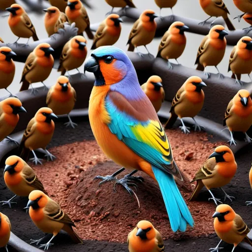 Prompt: A beautiful colored bird surrounded by more than one brown bird.