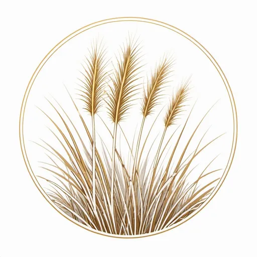 Prompt: Line drawing of Falkland Islands tussock grass stylized logo, gold strike lines, white background, clean lines, precise details, high contrast, minimalistic style, sleek design, professional, stylish, detailed strokes, artistic, logo design, surrounded by a circle with slightly irregular edges. The fronds on the grass should only have small or no seed heads.