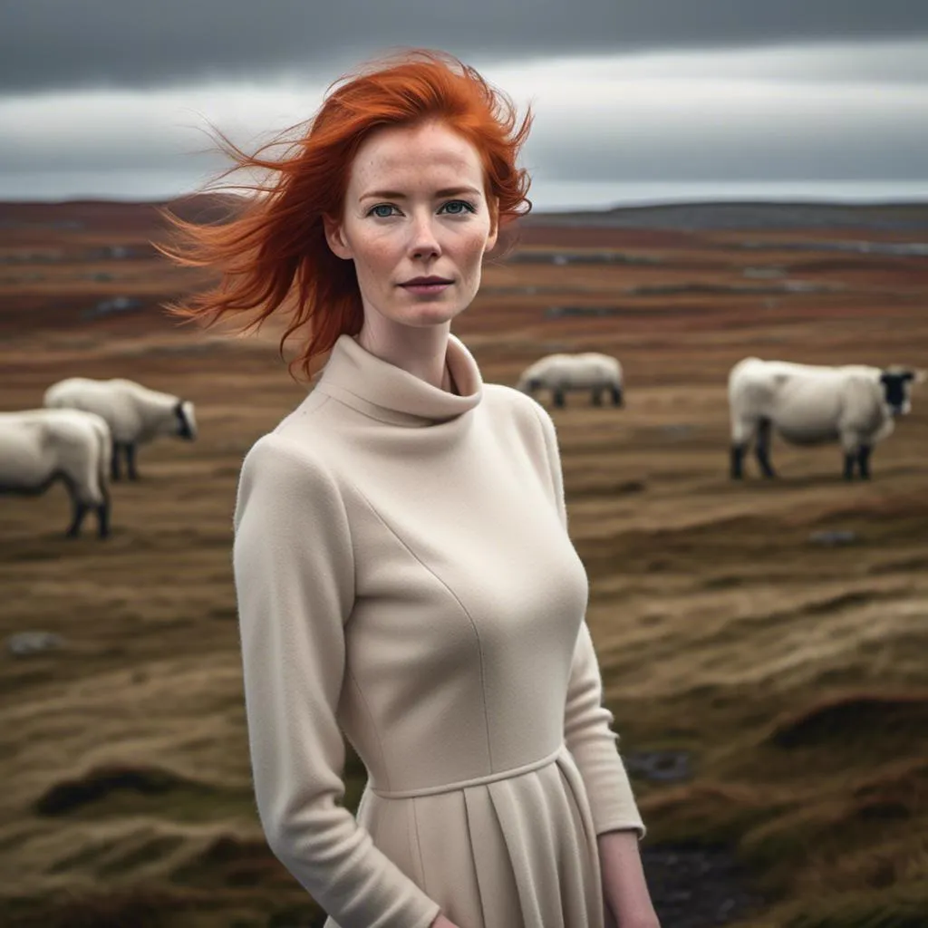 Prompt: Professional portrait of <mymodel>, detailed pale red hair, Falklands landscape, sharply tailored cream wool dress, high quality, realistic, professional, pale red hair, detailed landscape, atmospheric lighting, fashion