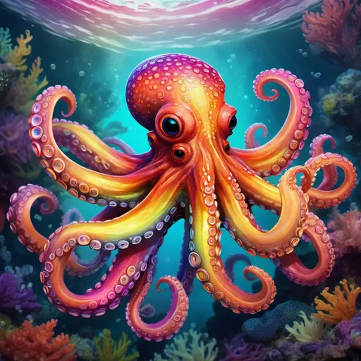 Prompt: Spotted rainbow octopus, digital illustration, swirling tentacles, vibrant colors, detailed patterns, underwater scene, high quality, digital art, vibrant tones, underwater fantasy, colorful lighting, extra textured, detailed design, fantasy, marine life, vibrant digital art, detailed tentacles