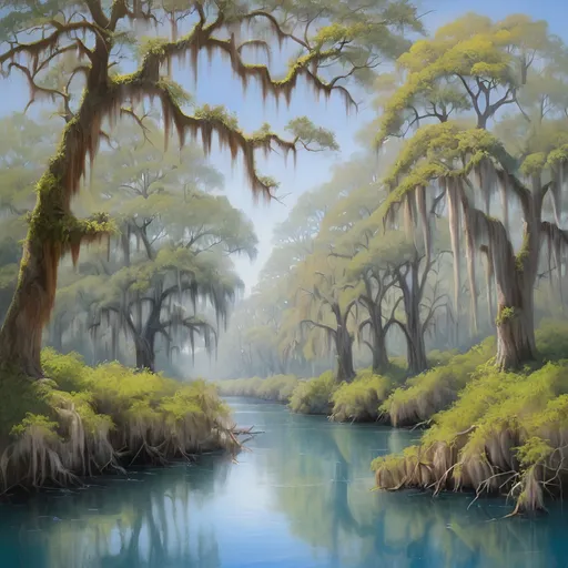 Prompt: Clear blue River Styx Spanish moss covered oaks