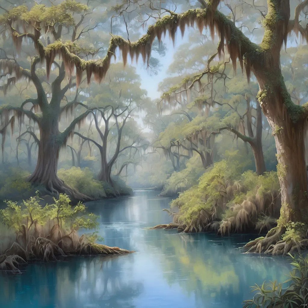 Prompt: Clear blue River Styx Spanish moss covered oaks