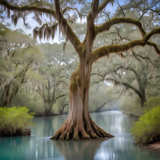 Prompt: Clear blue River Styx Spanish moss covered oaks