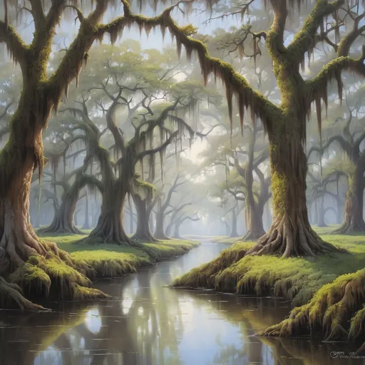 Prompt: River Styx Spanish moss covered oaks