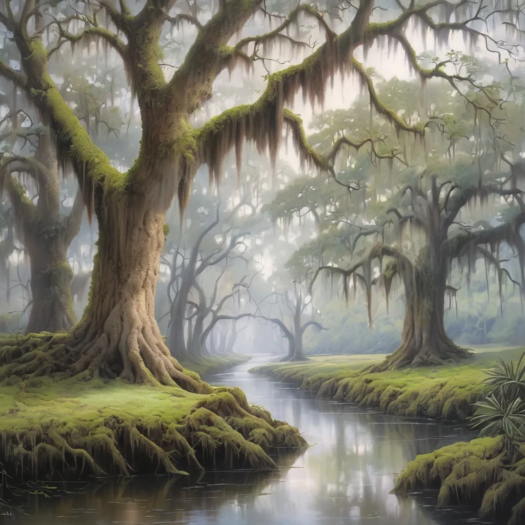 Prompt: River Styx Spanish moss covered oaks