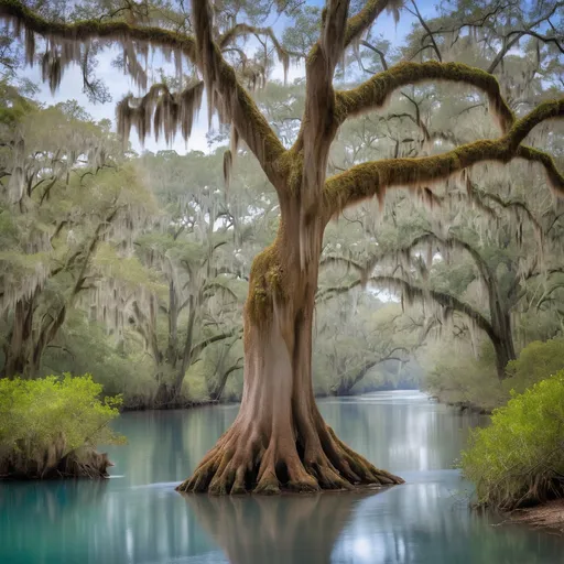 Prompt: Clear blue River Styx Spanish moss covered oaks