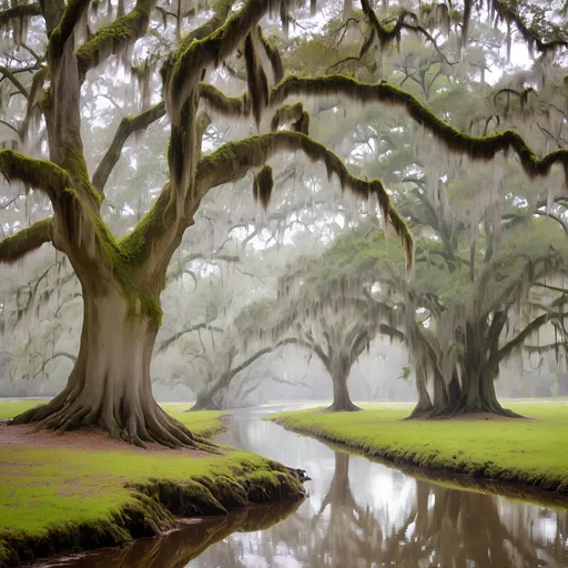 Prompt: River Styx Spanish moss covered oaks