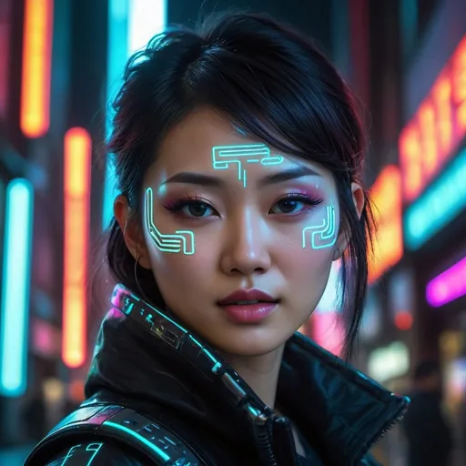 Prompt: Asian woman in her 20s, cyberpunk world, futuristic cityscape, neon-lit streets, holographic signs, high-tech fashion, futuristic makeup, detailed facial features, urban cyberpunk setting, highres, ultra-detailed, cyberpunk, futuristic, neon-lit, detailed facial features, high-tech fashion, futuristic makeup, professional, atmospheric lighting