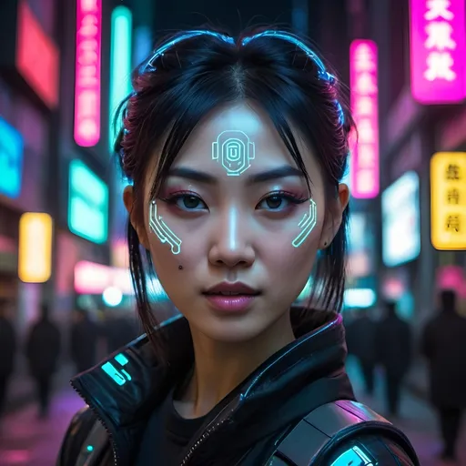 Prompt: Asian woman in her 20s, cyberpunk world, futuristic cityscape, neon-lit streets, holographic signs, high-tech fashion, futuristic makeup, detailed facial features, urban cyberpunk setting, highres, ultra-detailed, cyberpunk, futuristic, neon-lit, detailed facial features, high-tech fashion, futuristic makeup, professional, atmospheric lighting