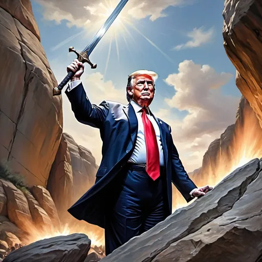 Prompt: Donald Trump, pulling a sword out of a rock, patriotic background, realistic oil painting, detailed facial features, presidential, 4k quality, realism, historical, Modern, patriotic, detailed expression, realistic lighting, regal