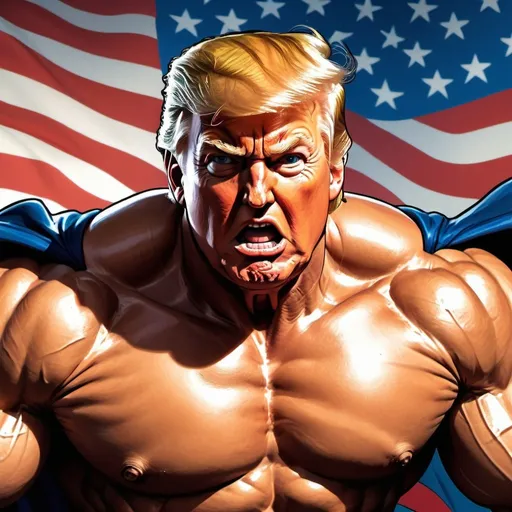 Prompt: Muscular Donald Trump fighting fake news, vibrant and bold comic book style, intense expression, superhero symbolism, American flag background, dynamic action pose, 4k ultra vibrant colors, intense lighting, bold and vibrant, powerful and intense, dynamic composition, muscular physique, strong and determined, detailed facial features, traditional comic book art