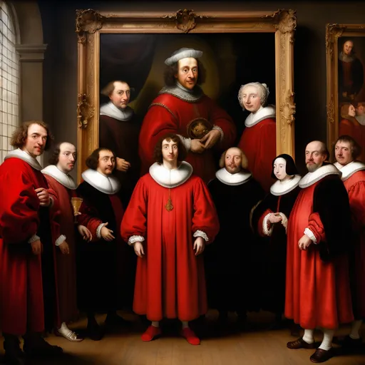 Prompt: a painting of a group of people in a room with a painting of a man in a red robe, Barthel Bruyn the Younger, academic art, rembrandt style, a flemish Baroque