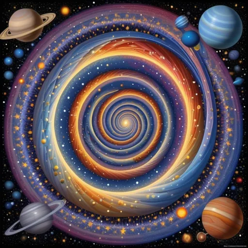 Prompt: a spiral of stars and planets in a space filled with stars and planets, with a spiral of stars in the center, Alex Grey, space art, spirals, digital art