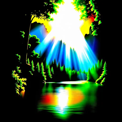 Prompt: a painting of a river running through a forest with trees and a sun shining through the trees in the background, Anato Finnstark, fantasy art, intricate oil painting, an airbrush painting