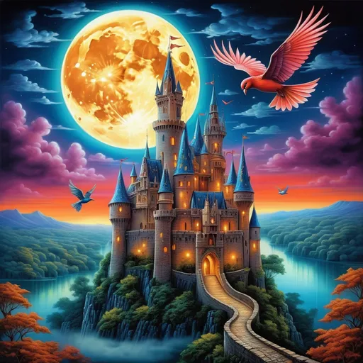 Prompt: (surrealism style) vibrant color scheme, (intricate) castle under a luminous full moon, (ethereal) bird soaring gracefully above, fantastical elements blending seamlessly, Anne Stokes inspiration, enchanting fantasy art, striking contrasts and rich details, mesmerizing atmosphere, lush landscapes and dreamlike textures, artistic masterpiece, ultra-detailed, HD quality illustration.