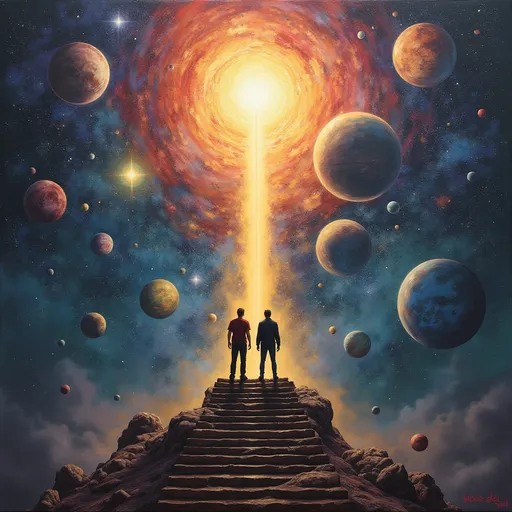 Prompt: a painting of two men standing on a stairway in front of a space filled with planets and stars, with a bright light coming from the top, Android Jones, space art, solarpunk, an ultrafine detailed painting