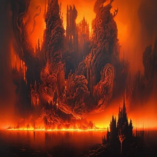 Prompt: (abstract expressionism painting) castle engulfed in flames, swirling smoking sky, vibrant (dramatic colors) contrasted with deep shadows, large fiery orange ring, inspiration from Beksinski, richly textured and complex composition, (dark fantasy elements), magical atmosphere, intricate details, mesmerizing shapes, (highly detailed), (matte painting), evoking a sense of wonder and unease, surreal and captivating ambiance.