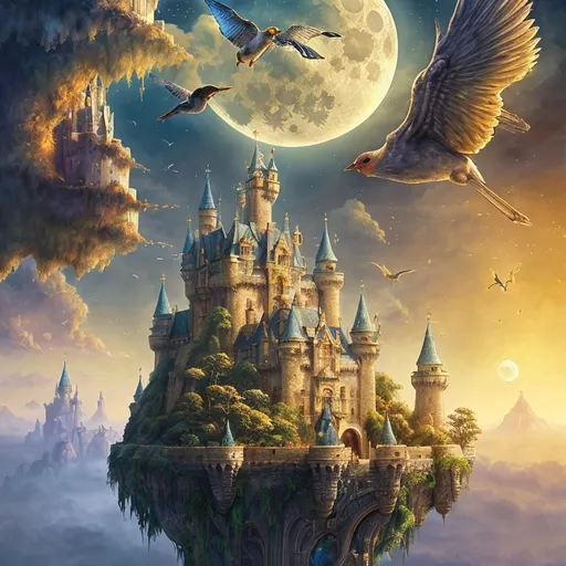 Prompt: (castle in the sky), (bird flying above), (fantasy art), vibrant colors, whimsical atmosphere, (storybook illustration), enchanting cloud backdrop, rich detail in architecture, soft golden light, (global illumination), large moon in the background, dreamlike ambiance, ethereal quality, highly detailed, charm and magic in the scenery, visual narrative, captivating mood.